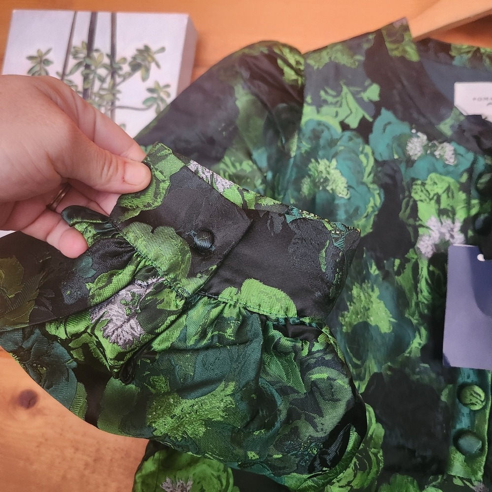 Pomander Place NWT Samantha Green Jacquard Brocade Mini Dress Floral Puff Size L - Picture 5 of 10